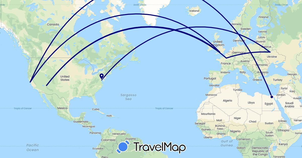 TravelMap itinerary: driving in Egypt, France, United Kingdom, Ukraine, United States (Africa, Europe, North America)